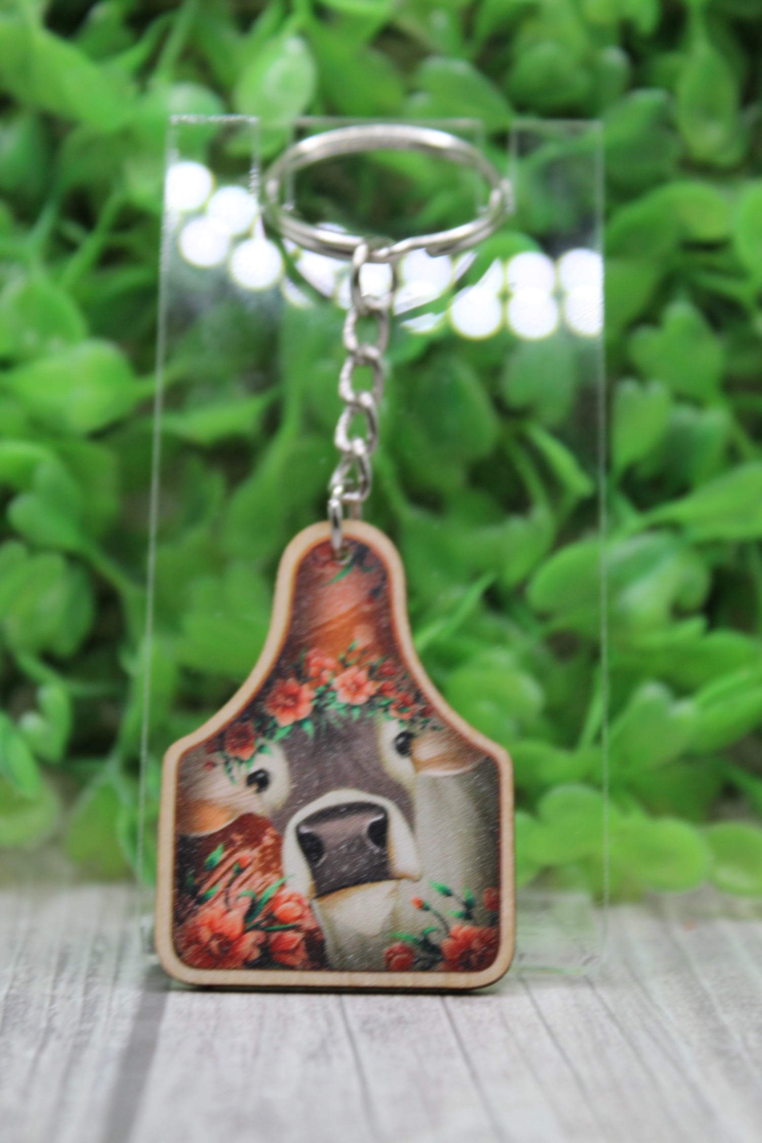 Floral Cow Cow Tag Wooden Keychain