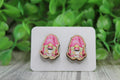Pink Coffee Gnome Wood Stud Earrings