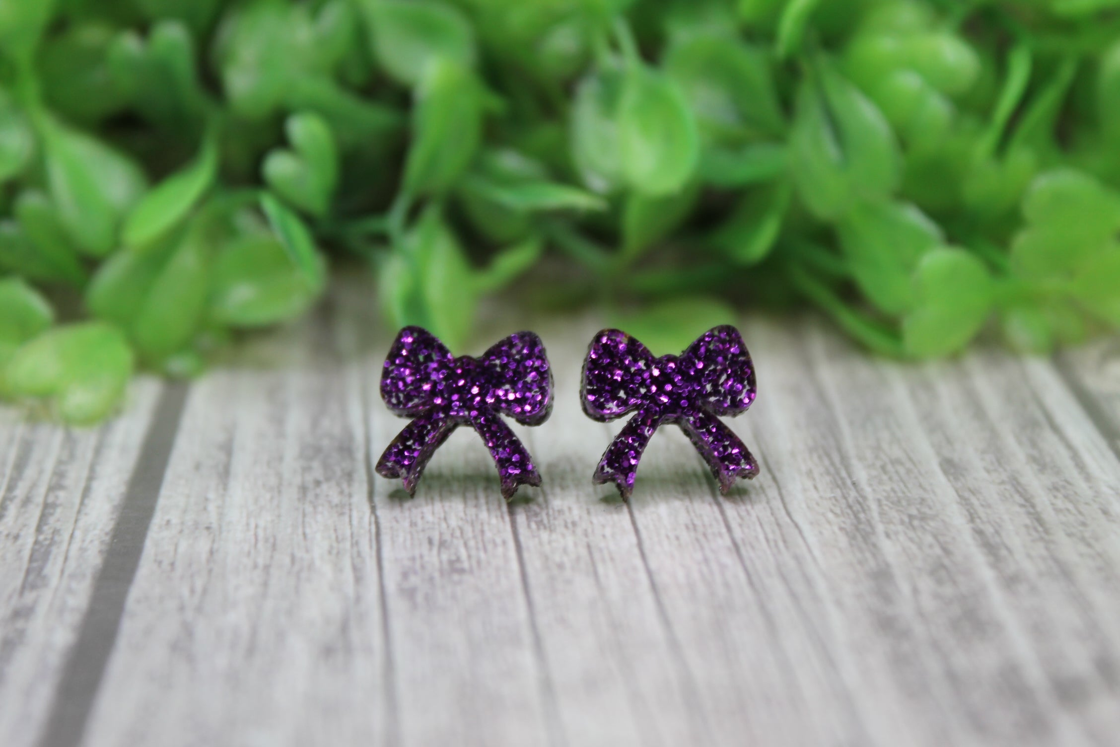 Purple Glitter Bow Stud Earrings