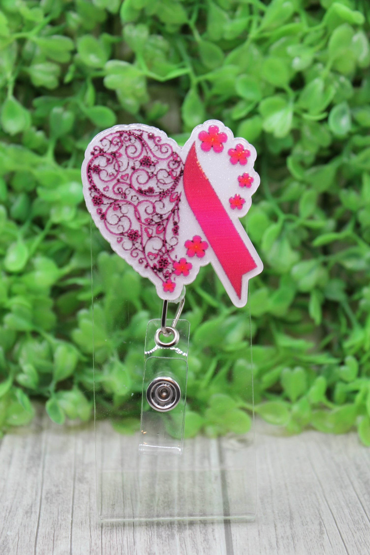 Floral Heart Pink Ribbon Breast Cancer Awareness Badge/ID Holder Reel