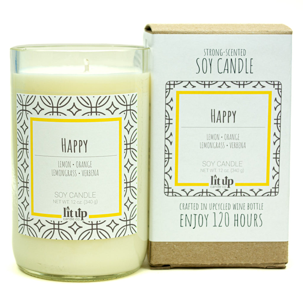 Happy scented 12 oz. soy candle in upcycled wine bottle - FKA Lemon Verbena