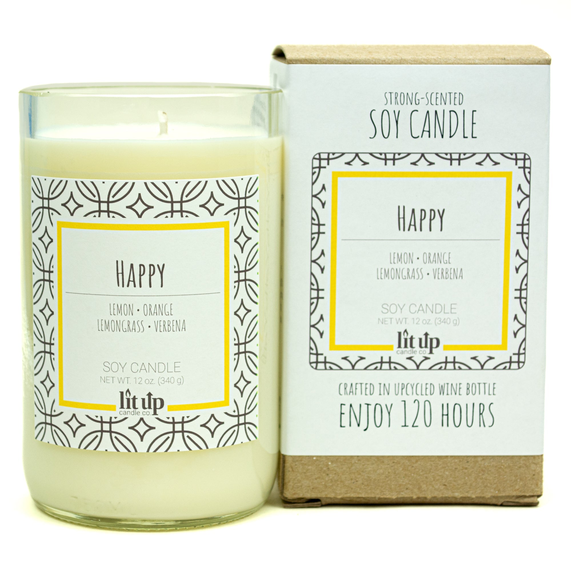 Happy scented 12 oz. soy candle in upcycled wine bottle - FKA Lemon Verbena