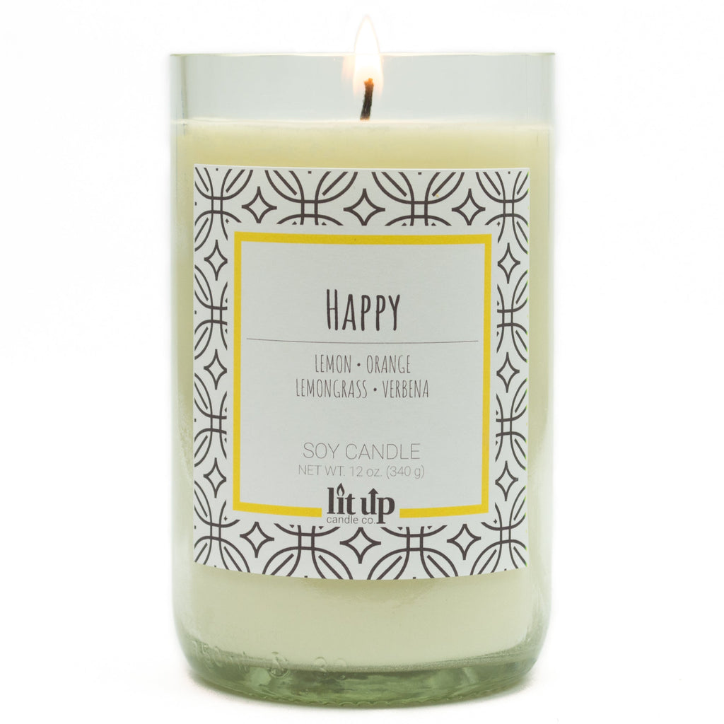 Happy scented 12 oz. soy candle in upcycled wine bottle - FKA Lemon Verbena