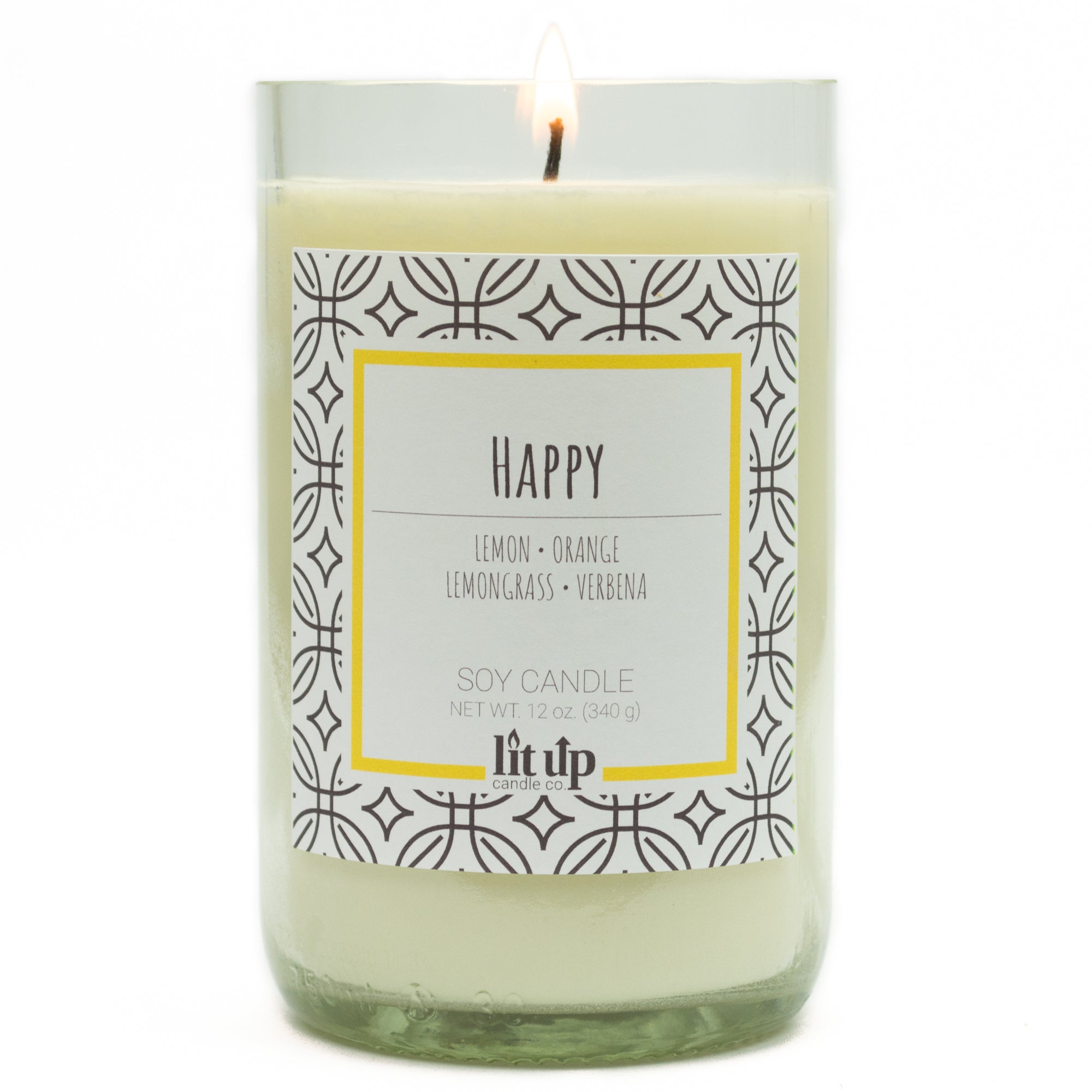 Happy scented 12 oz. soy candle in upcycled wine bottle - FKA Lemon Verbena