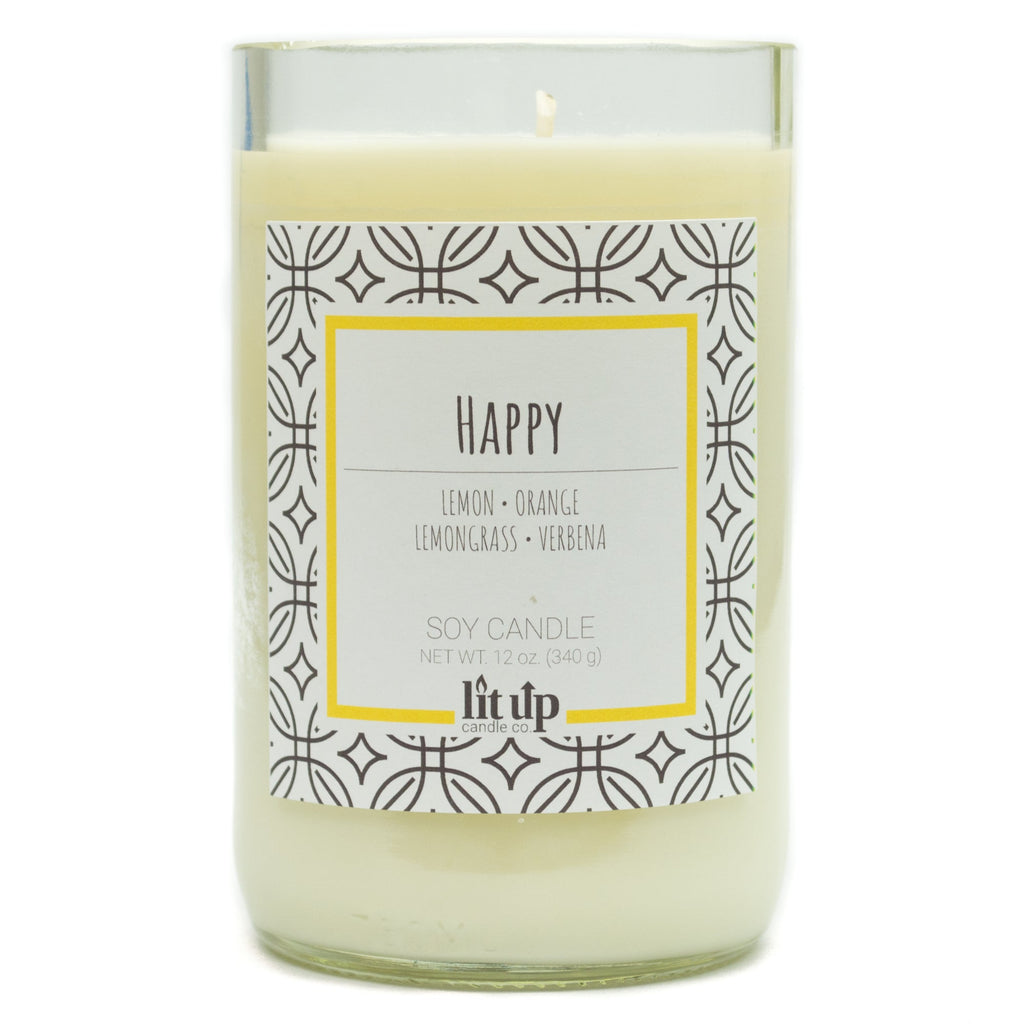 Happy scented 12 oz. soy candle in upcycled wine bottle - FKA Lemon Verbena