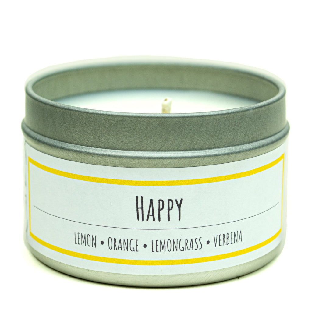 Happy scented 3 oz. soy candle in travel tin - FKA Lemon Verbena