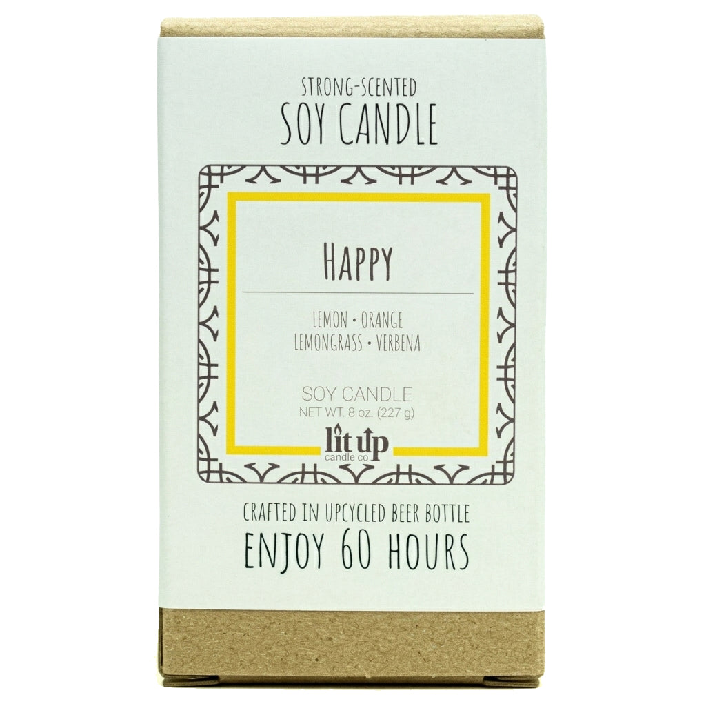 Happy scented 8 oz. soy candle in upcycled beer bottle - FKA Lemon Verbena