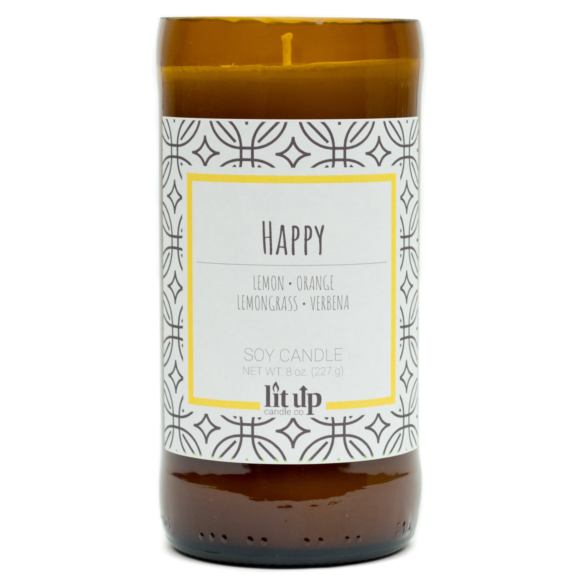 Happy scented 8 oz. soy candle in upcycled beer bottle - FKA Lemon Verbena