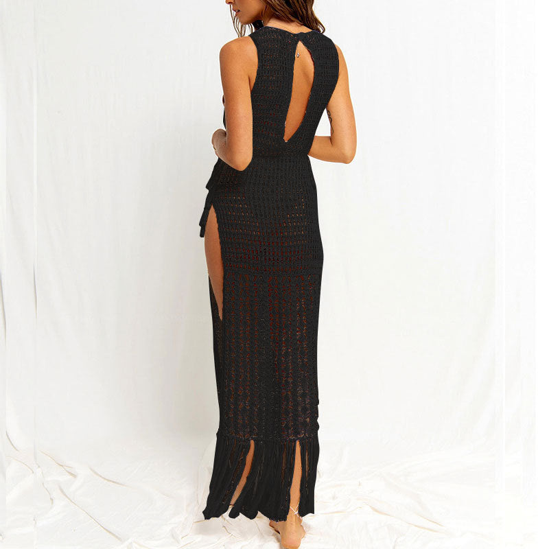 Knitted Hollow Out Beach Cover up Sexy Slit Tassel Vacation Dress Bikini Cover
