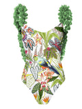 Printing Swimsuit Petals Cover Belly Backless Swimsuit