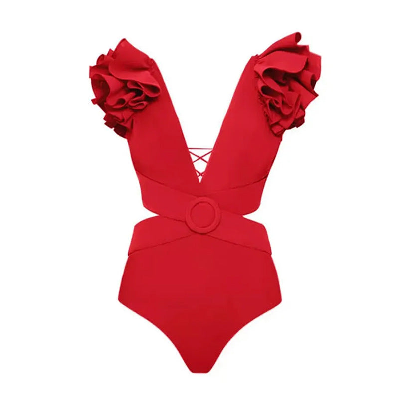 Solid Color One Piece Swimsuit Vintage Ruffled V neck Waist Hollow Out Cutout out Swimsuit