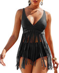 Women Seperated Swimwear Solid Color Tassel Sexy Bikini Swimsuit Bikini