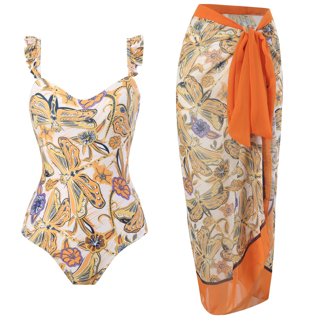 Women Flying Edge One Piece Women Swimwear Retro Cover Belly Slimming Swimsuit Chiffon Beach Dress