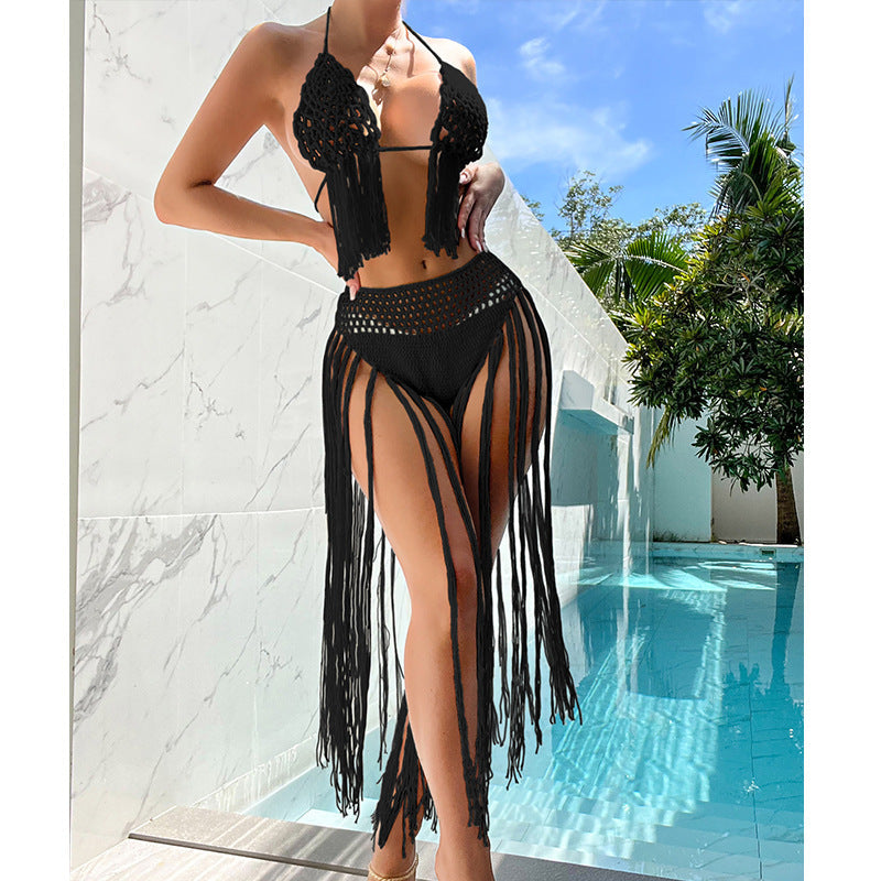 Beach Tourism Hand Crocheting Three Dimensional Floral Tassel Beach Sexy Open Back Swimsuit Bikini Set Crochet hook Bella Mia