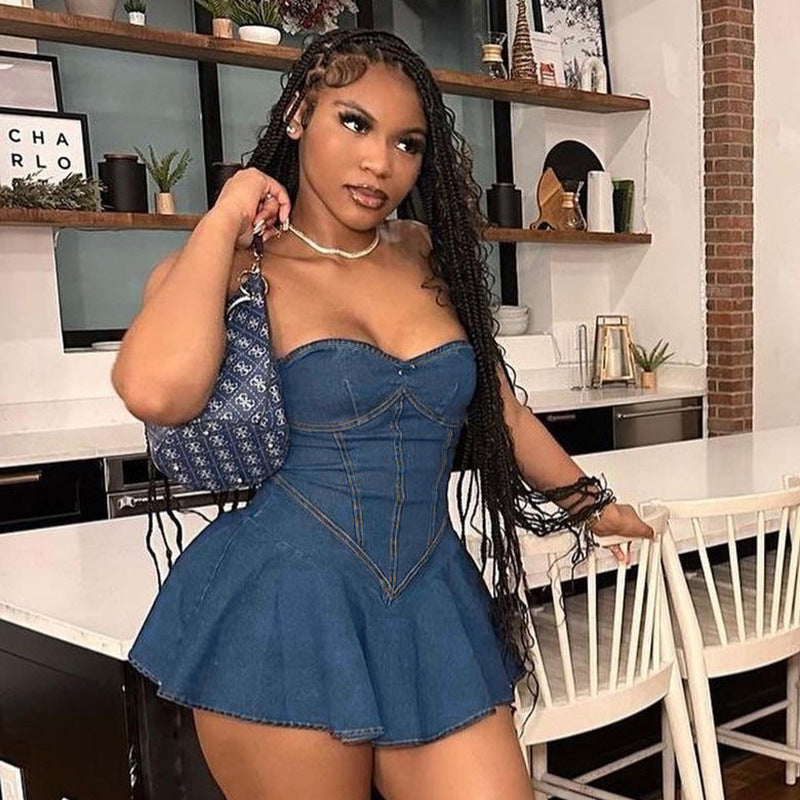 Summer Sheath A Line Sexy Tube Top Imitation Denim Dress Women