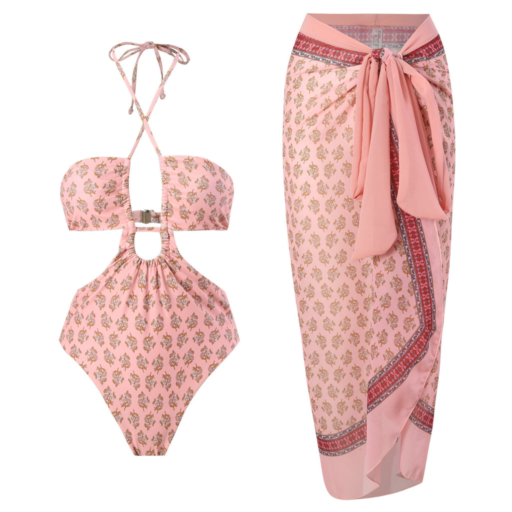 Sexy Double Sided One Piece Swimsuit Pleated Halter Bikini Suit Chiffon Dress