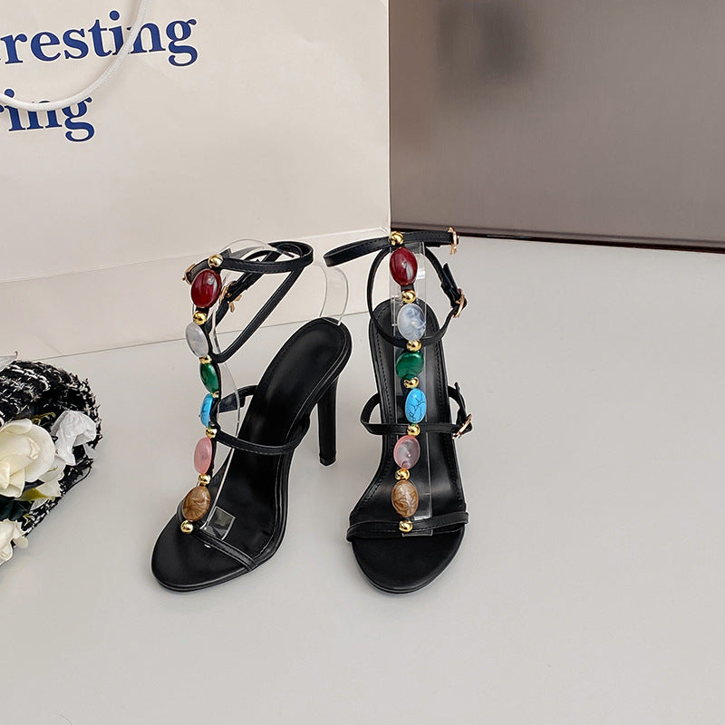 Summer 11cm Stiletto Heels Pearl Open Toe Ankle Strap Buckle Sandals Women Sexy