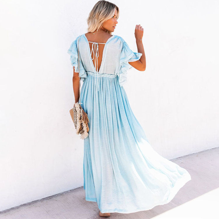 Single Breasted Waist Pull-Belt Beach Cover-up Sexy Backless Holiday Skirt Bikini Swimsuit Blouse