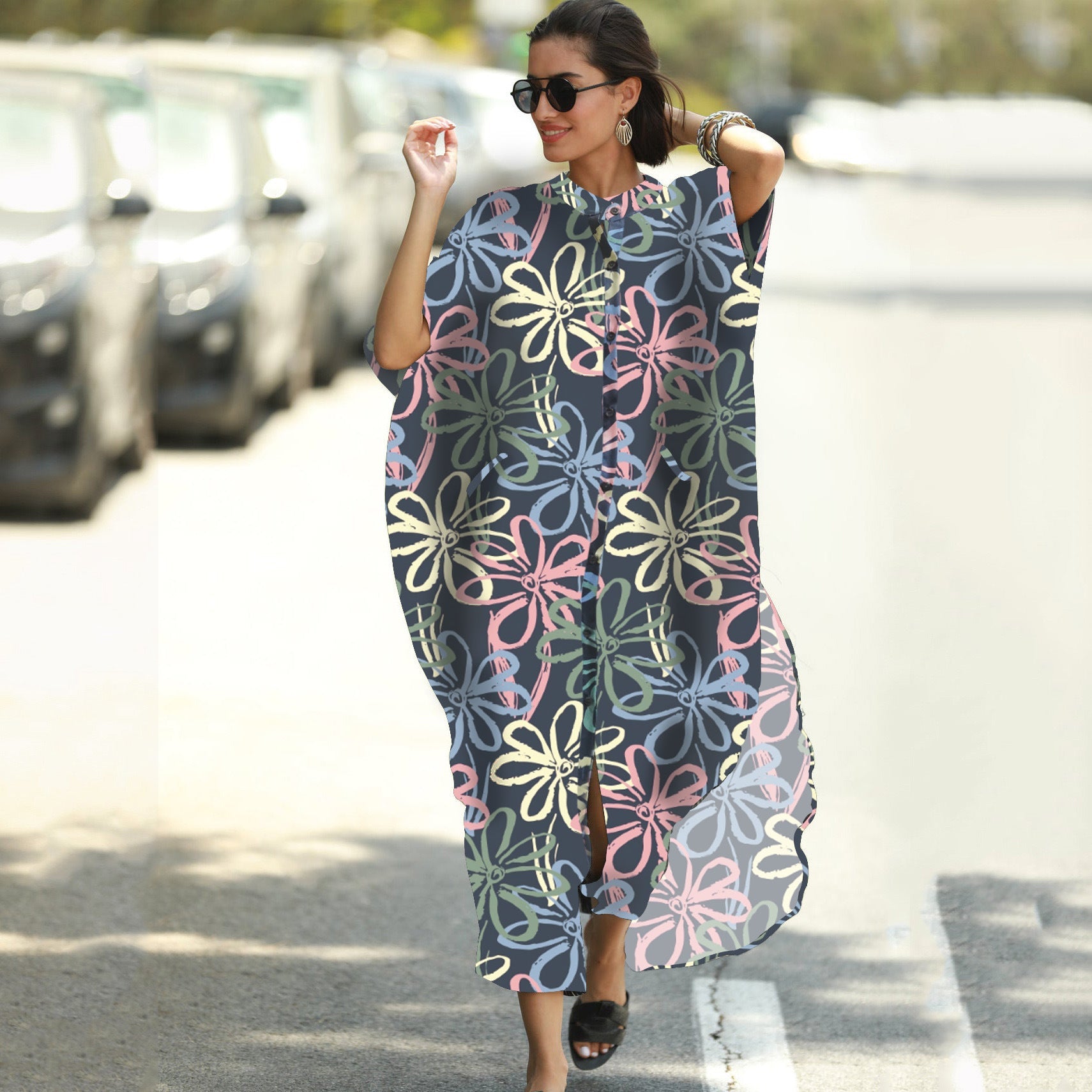 Beach Cover-up Elastic Printing Oversized Button Vacation Robe