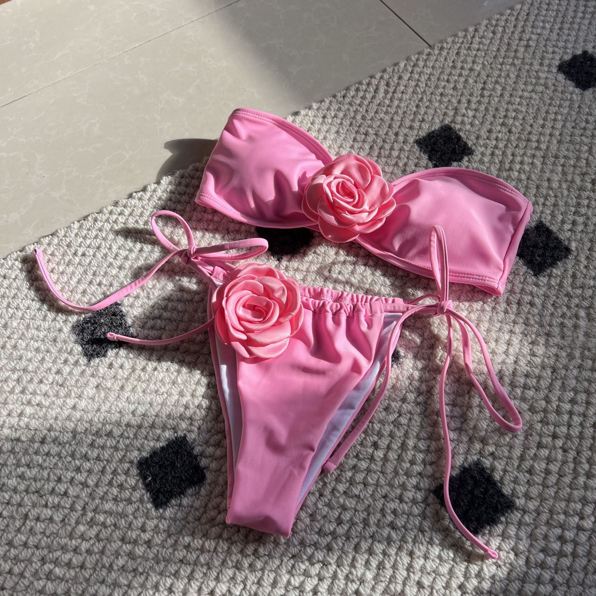 Solid Color Rose Tube Top Drawstring Strap Split Swimsuit Bikini