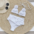 Solid Color Rib Fabric Three Point Bikini Split Swimsuit Women High Waist Strap 3D Decoration