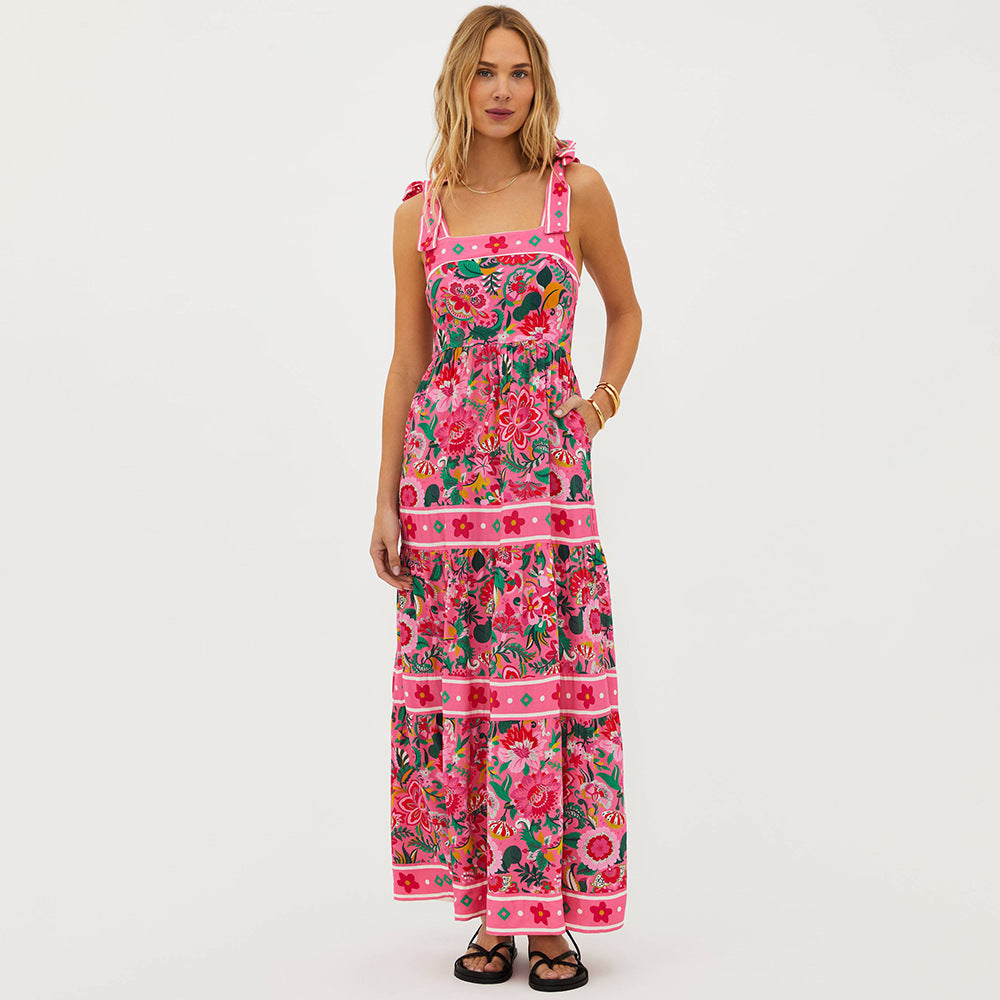 Printed Bow Shoulder Strap One Piece Swimsuit Women