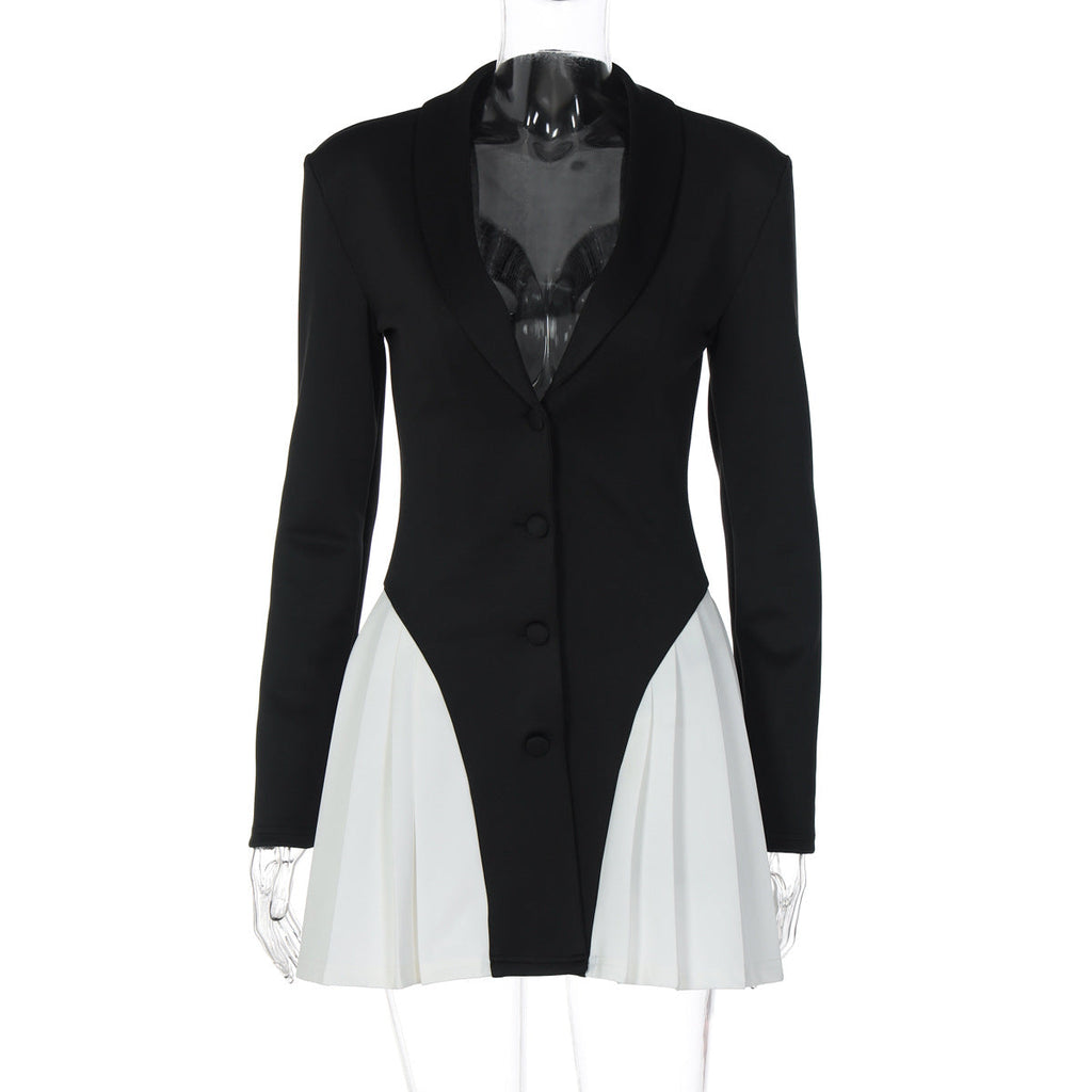 Women Clothing Autumn V neck Button Contrast Color Short Slim Fit Long-Sleeved Dress for Women