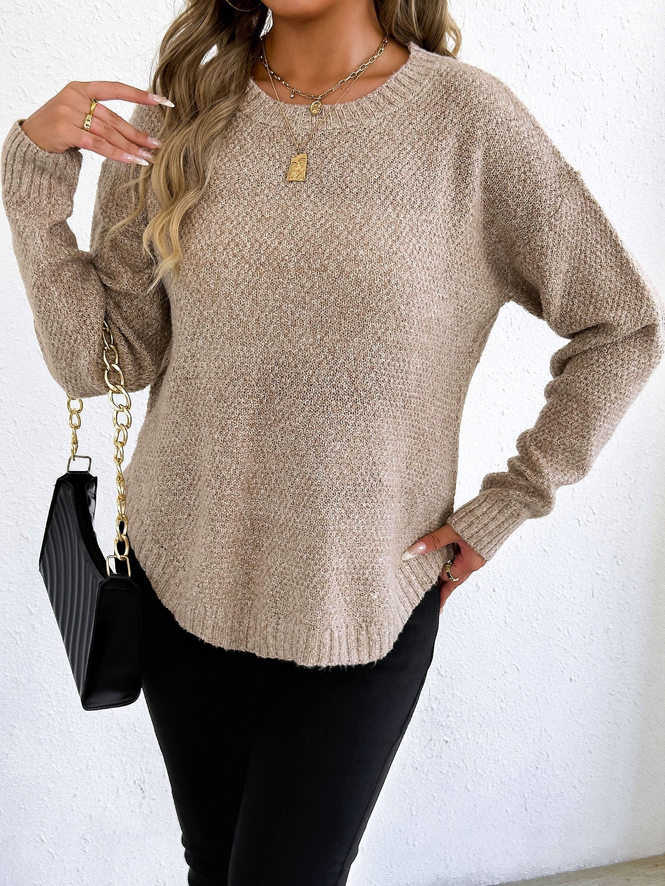 Women Autumn Winter Pullover Top Women Clothing Velvet Woven Sweater Casual Bottoming Shirt round Neck Sweater