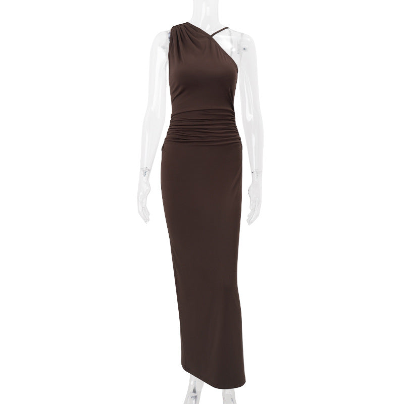 Women Clothing Summer Sexy Slant Shoulder High Waist Slim Fit Slimming Solid Color Sheath Dress