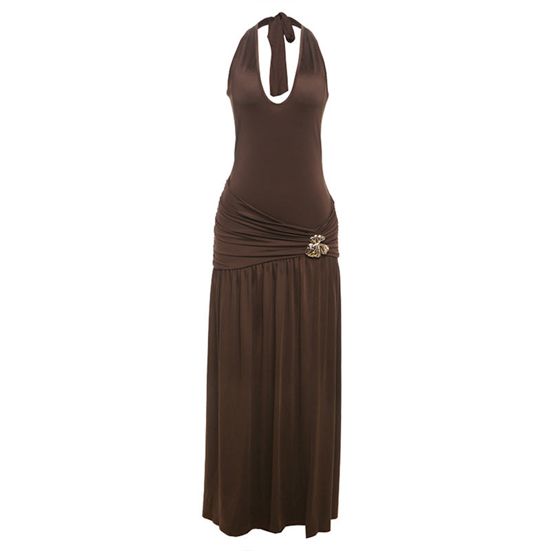 Women Clothing Summer Sexy Halter Strap Backless Slim Fit Fold Split Dress Bella Mia