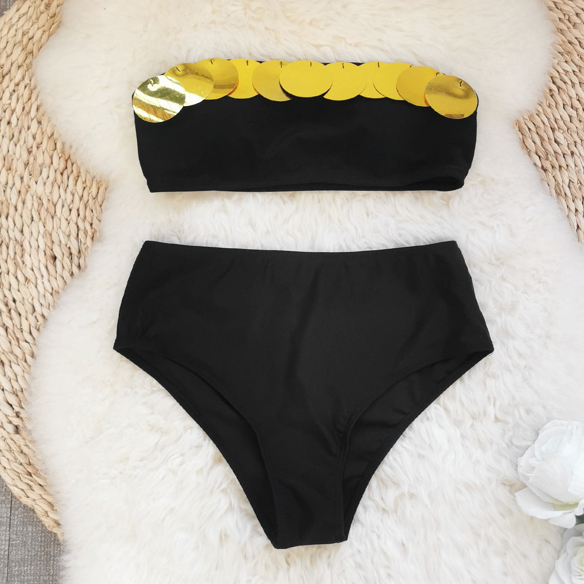 Pure Black Gold Sequined Tube Top Split Swimsuit Women Sexy High Waist Bikini