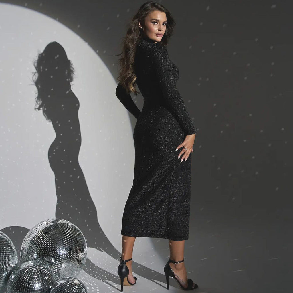 Women Clothing Autumn round Neck Slim Fit Slit Bright Color Dress