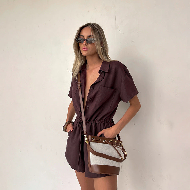 Shirt Collar Solid Color Waist Tight Short Sleeve Romper for Women Casual