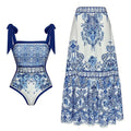 Bow Bandage Blue White Porcelain Printed One Piece Swimsuit Women Set Dress