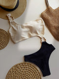 Irregular Asymmetric Metal Accessories Rib Fabric One Piece Swimsuit Beach Sexy Women Swimsuit