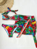 Vintage Floral Printed Split Swimsuit Hip Skirt Three Piece Sets Women Sexy