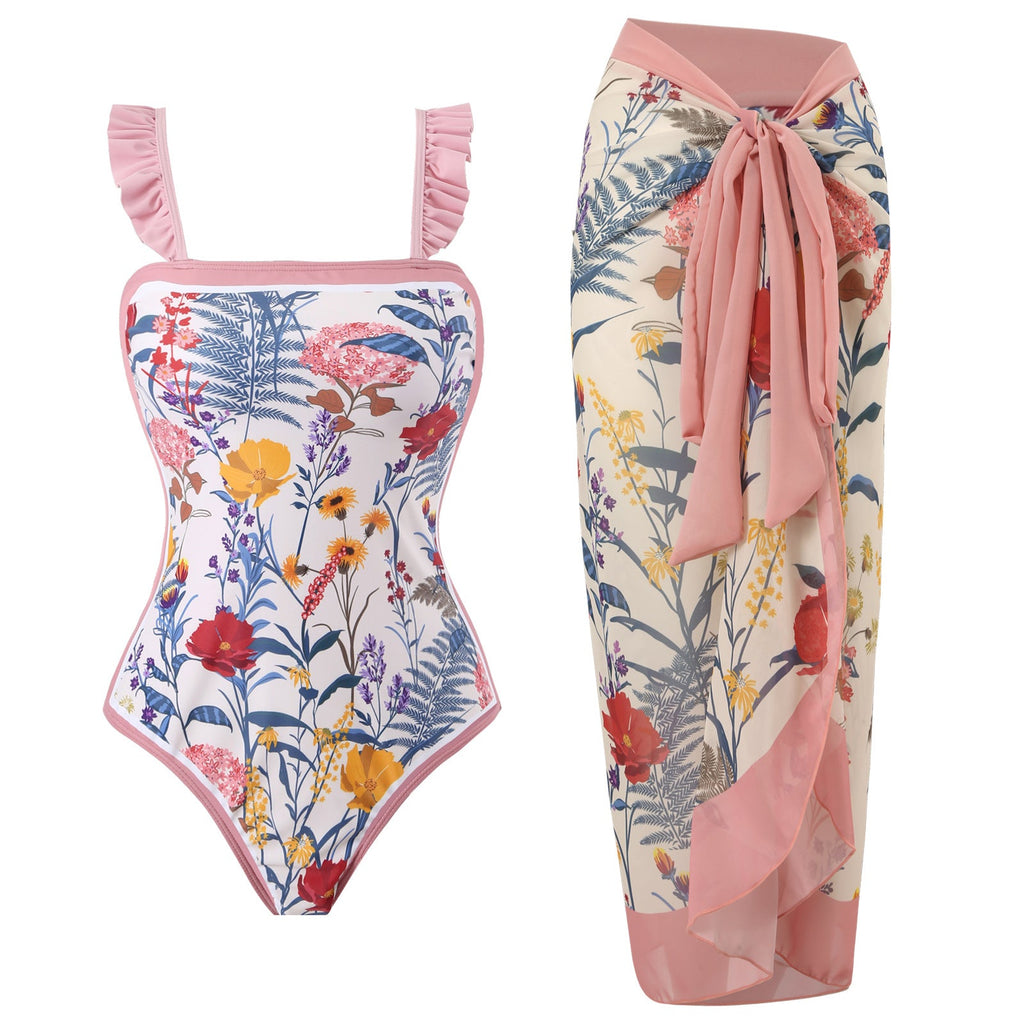 Flying Edge One Piece Women Swimwear European, French Retro Cover Belly Slimming Swimsuit Chiffon Beach Dress