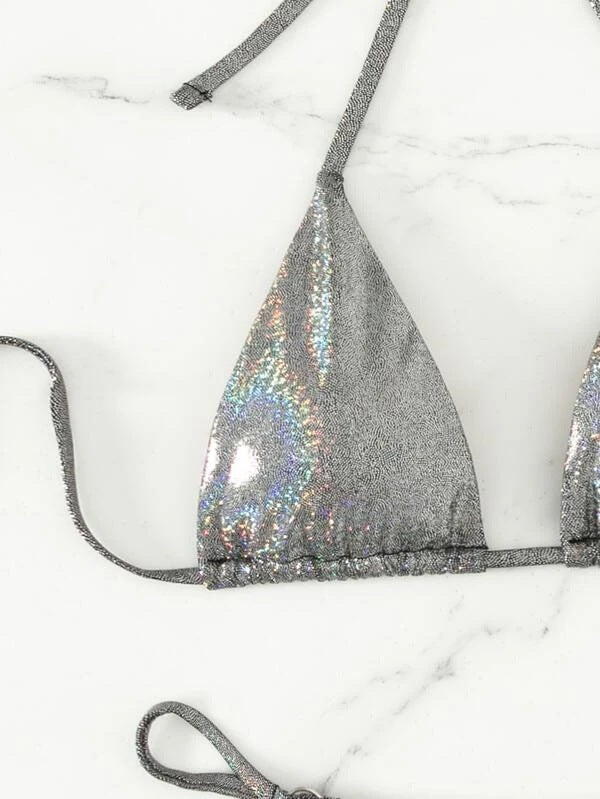 Sexy Three Piece Bikini Silver Thin Glittering Special Fabric Lace up Women Swimsuit