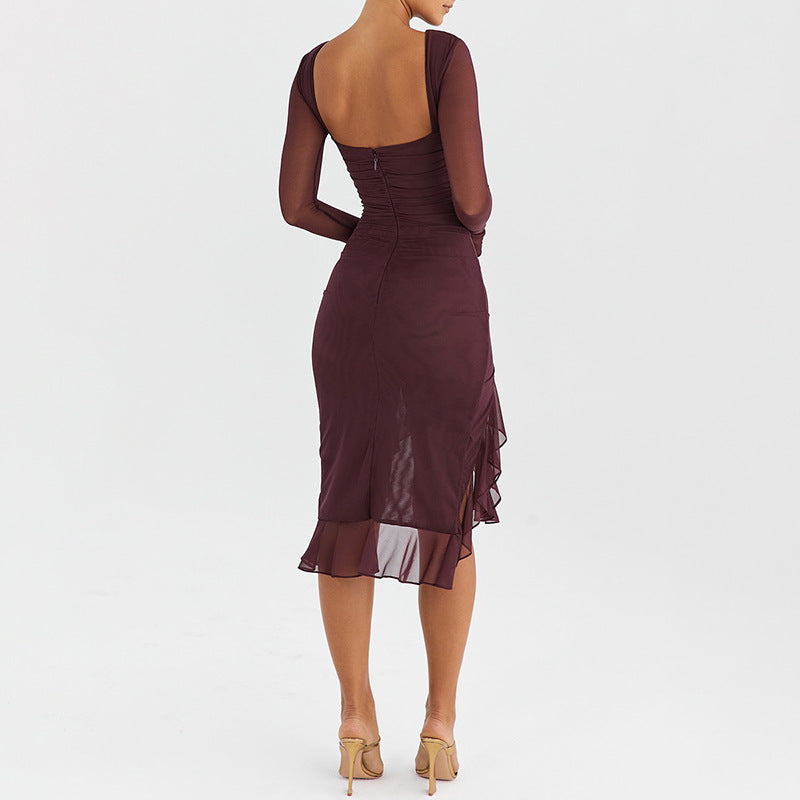 Autumn Sexy Trend Round Neck Slim Fit Long Sleeved Mesh Stitched Backless Sheath Dress