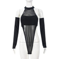 Autumn Winter Sexy Split Long Sleeve Crotch Mesh Hollow Out Cutout High Elastic One Piece Women Top