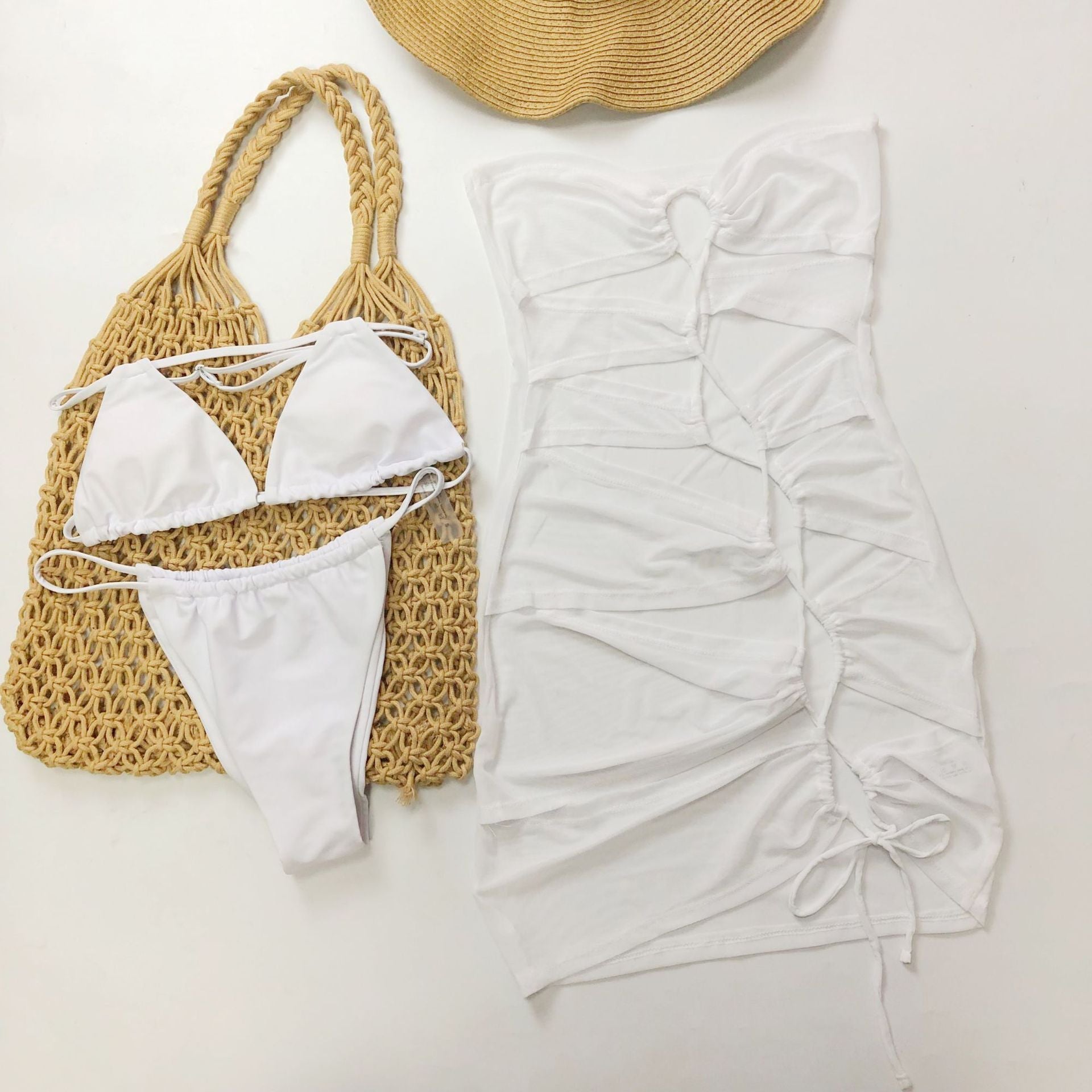 Swimwear Sexy Lacing Bandage Solid Color Ladies Three Piece Set Bikini