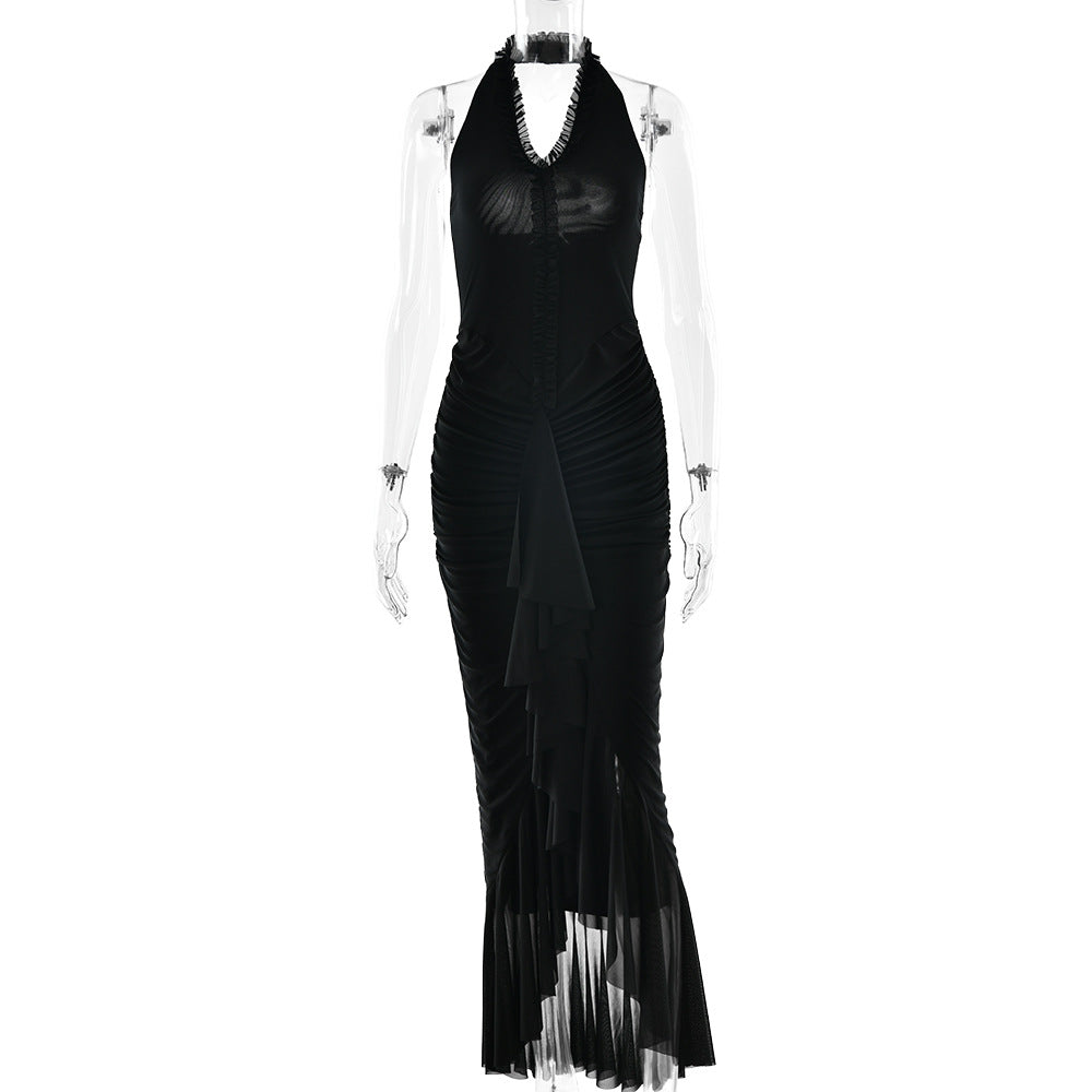 Arrival Sexy Halter Dress Summer Deep V Plunge Ruffled Slit Pleated Dress Bella Mia