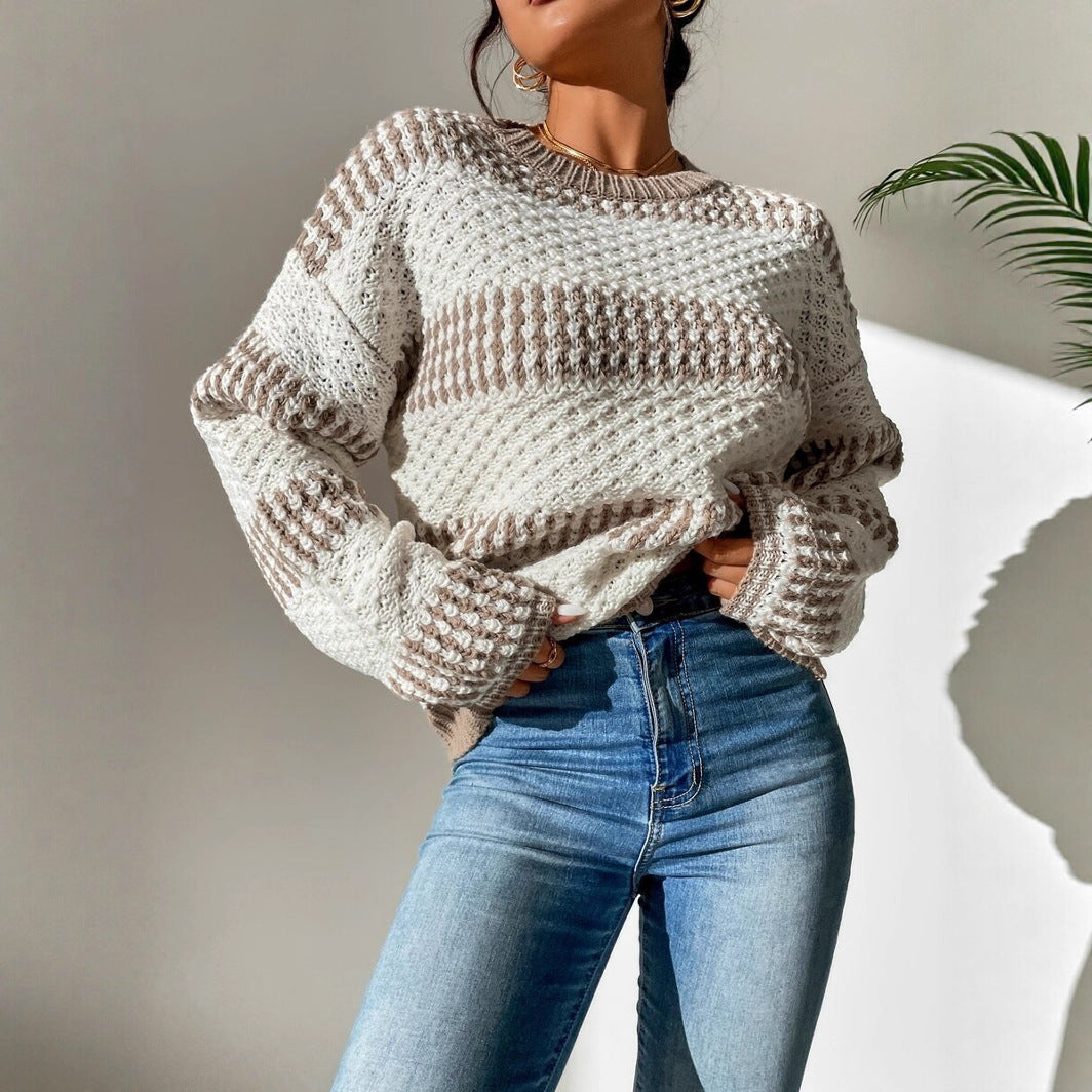 Women Clothing Autumn Winter Casual Loose Sweater Contrast Color Striped Stitching Sweater