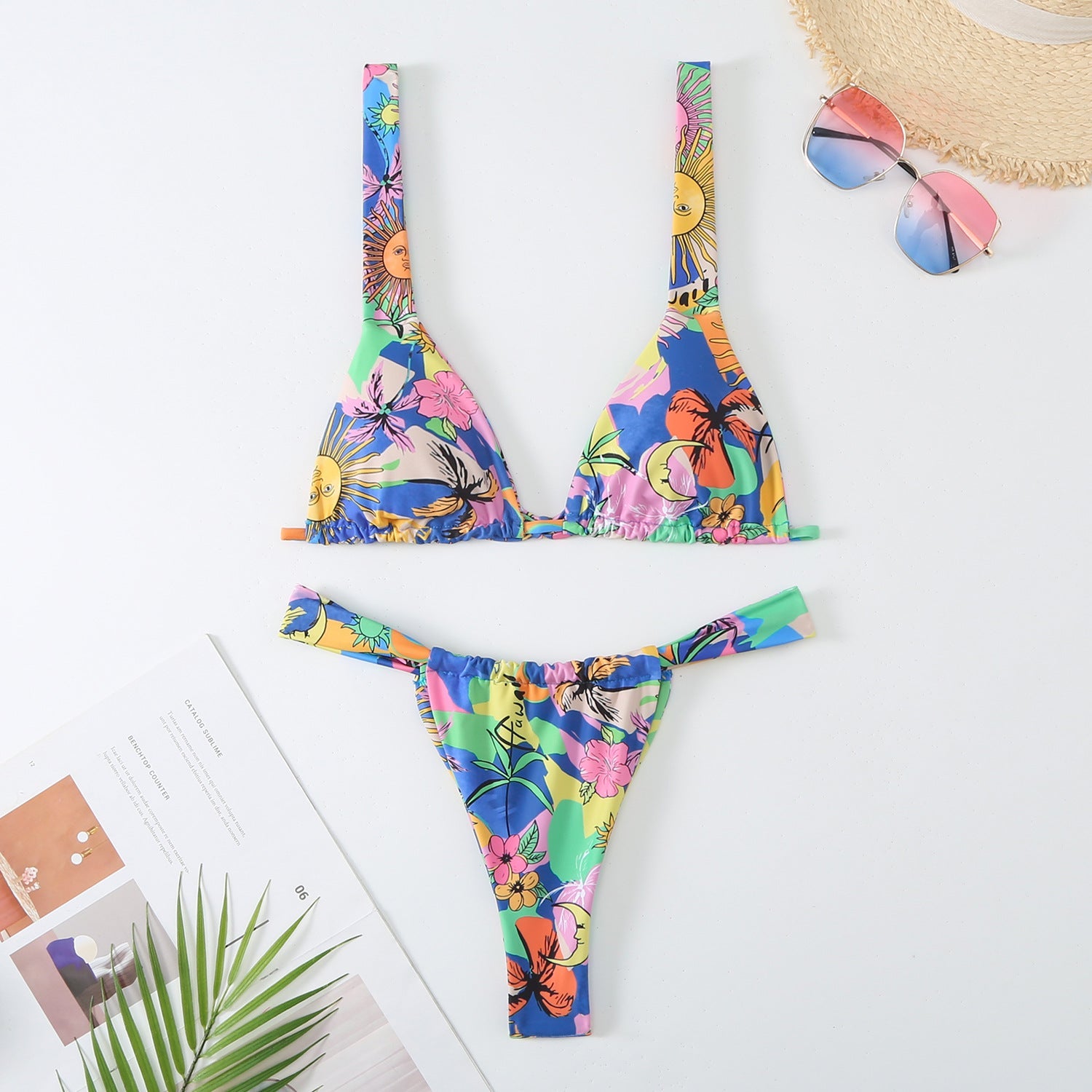 Swimsuit Women Printed Lace up Sexy Backless Split Swimsuit Floral Three Point Bikini
