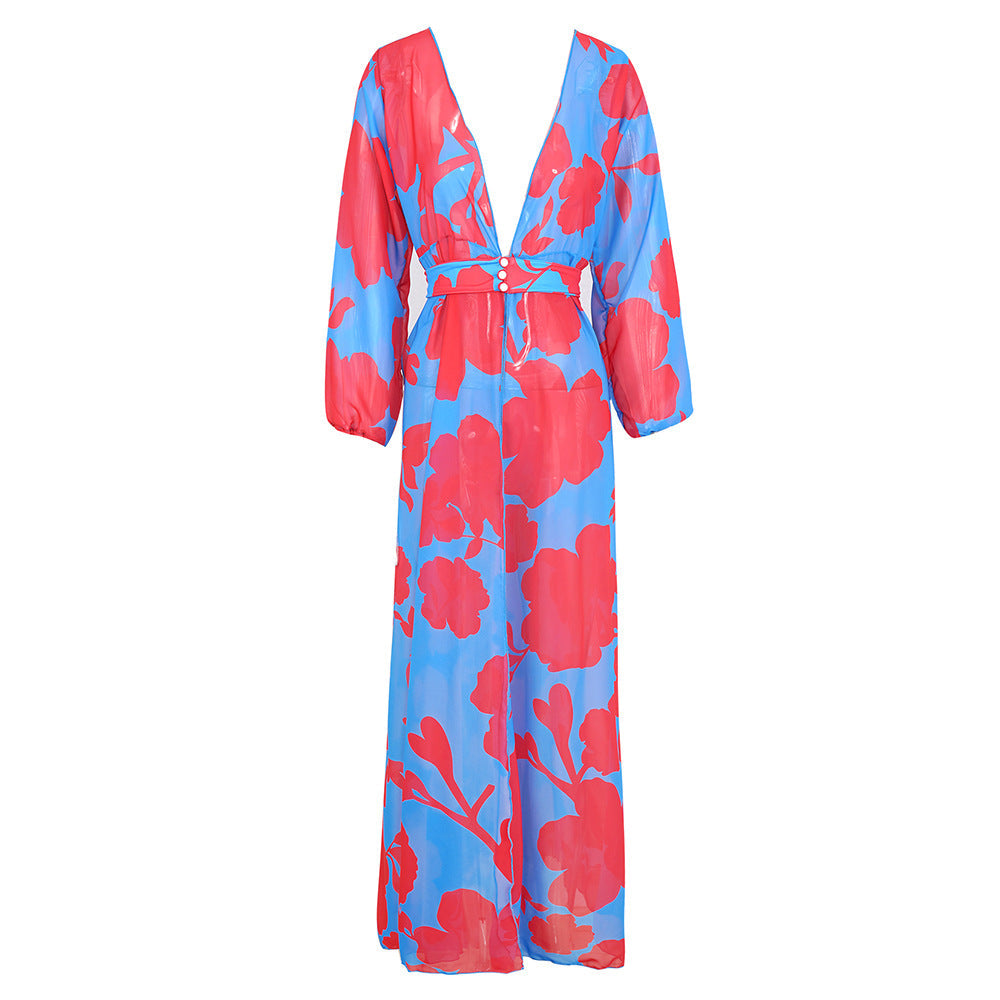 One Piece Swimsuit Cardigan Women Long Sleeve Printed Bikini Cover Up Robe Bella Mia