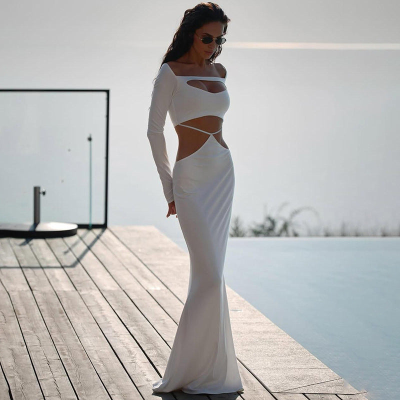 Fall Women Clothing Solid Color Sexy Cutout off Neck Slim Fit Long Sleeve Narrow Dress Women