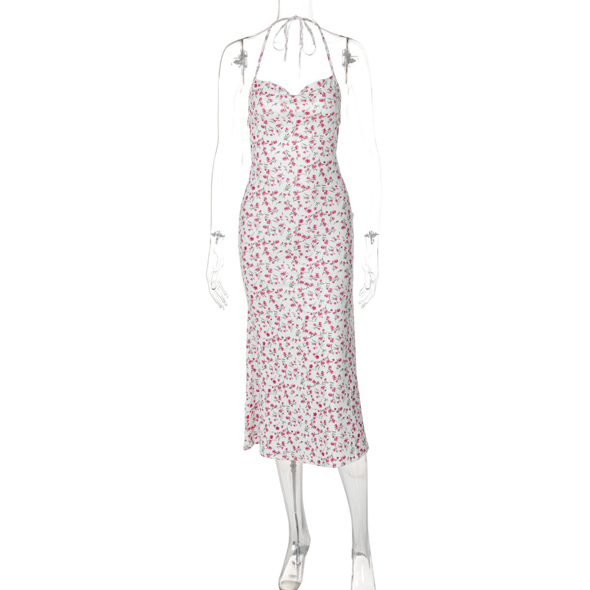 Arrival Sweet Floral Sexy Backless Halter Sleeveless Split Medium Dress