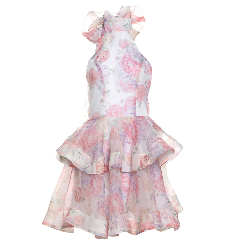 Spring Women Printed Short Sexy Backless Halter Slim Fit Dress Bella Mia