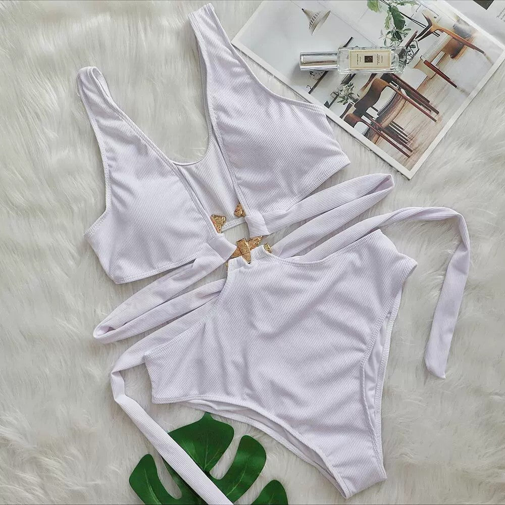 Bikini Sexy Deep V Plunge neck Metal Strap Women Swimsuit High Waist Bathing Suit