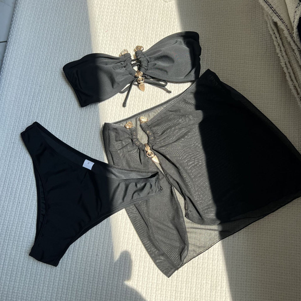 Sexy Solid Color Tube Top Three Piece Mesh Swimwear Swimsuit Bikini Bikini